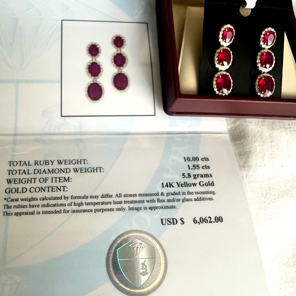 14K Gold Ruby (10ct) & Diamond (1.55ct) Earrings
